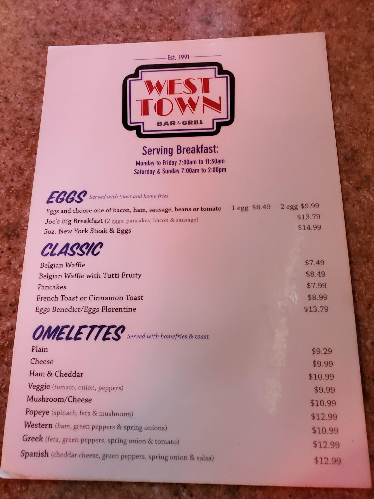 Menu at West Town Bar & Grill, Hamilton