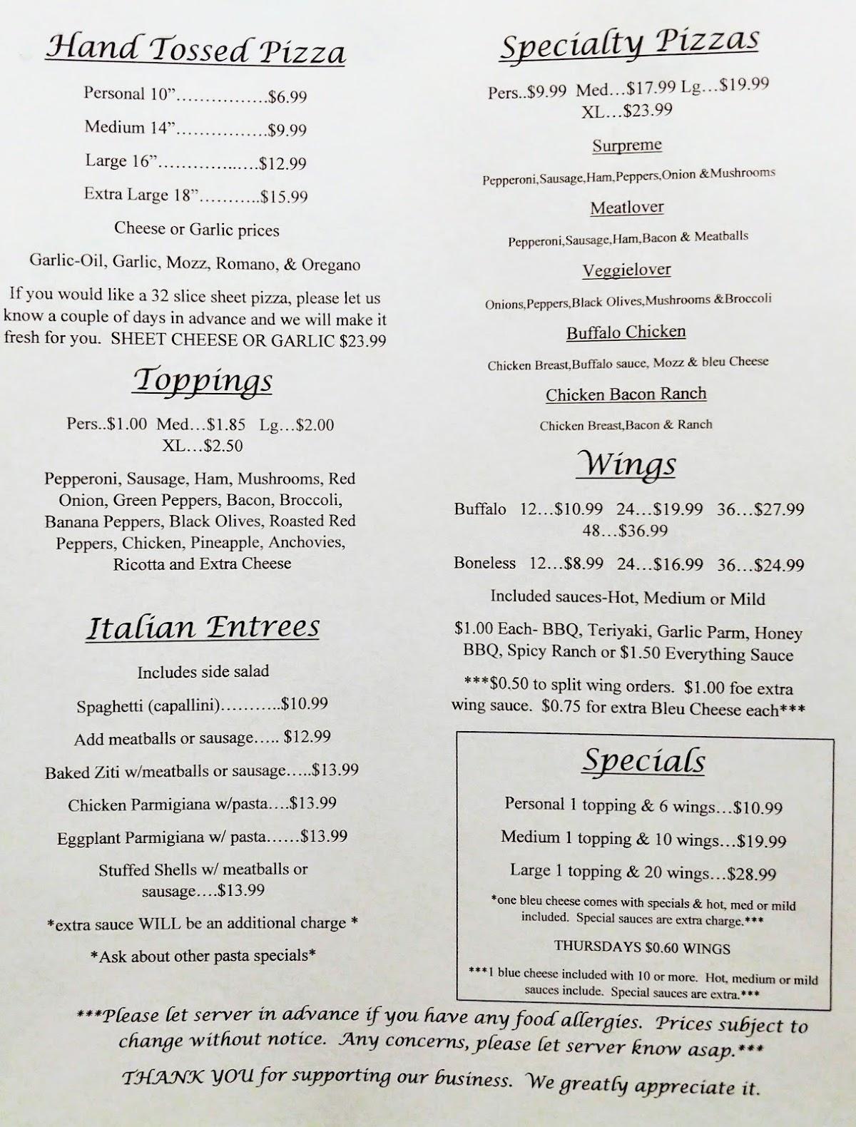 Menu at Lauro's Italian Restaurant and Pizzeria, Canastota