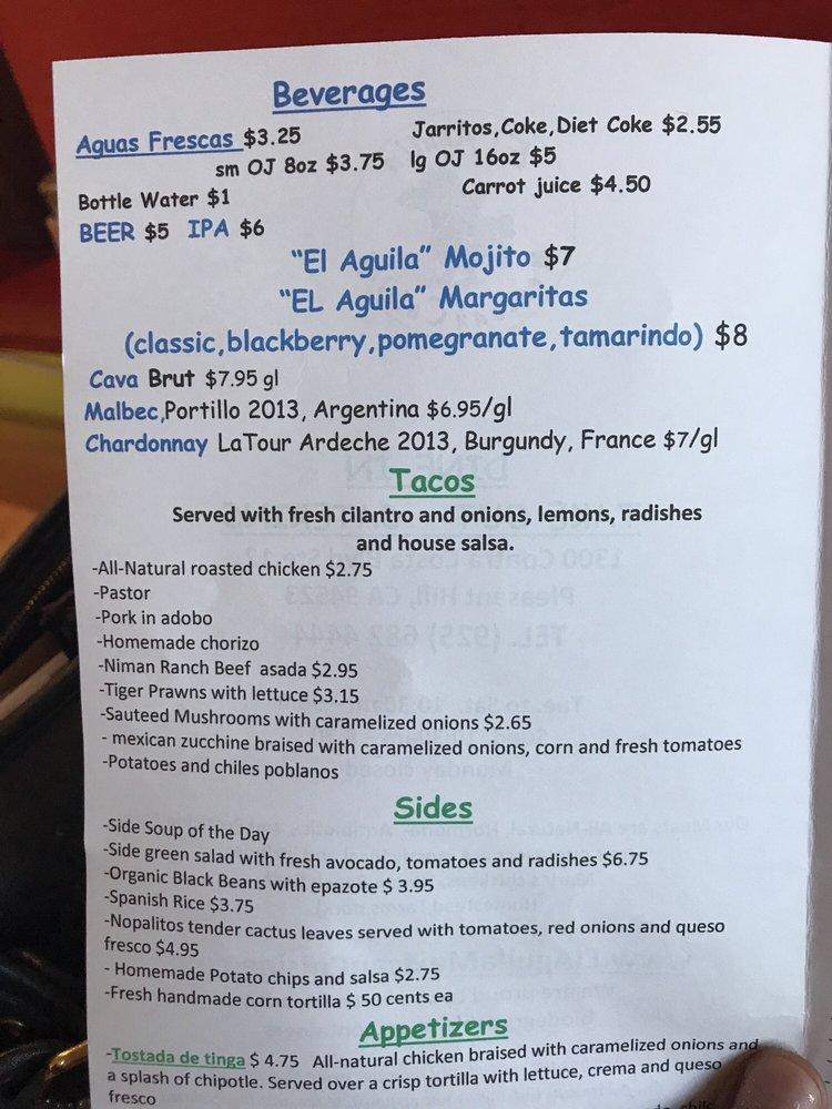 Carta del restaurante El Aguila Méxican Cuisine, Pleasant Hill, Contra