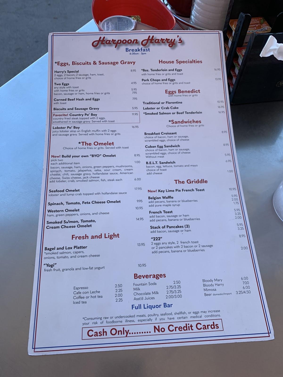 Menu at Harpoon Harry's restaurant, Key West