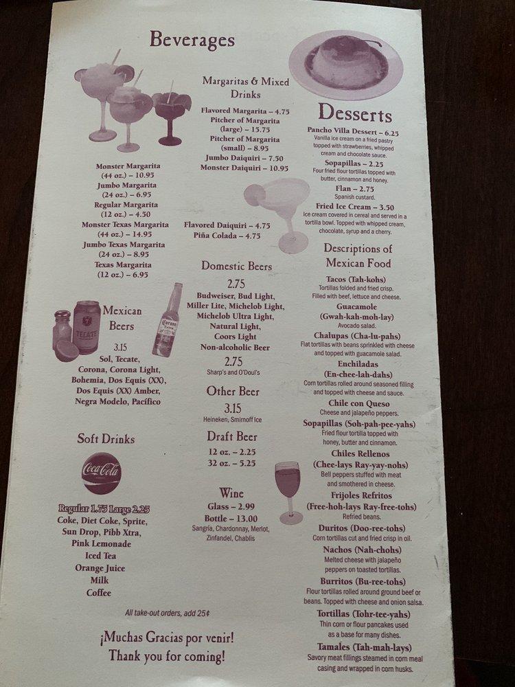 Menu at Pancho Villa Inc restaurant, Granite Falls