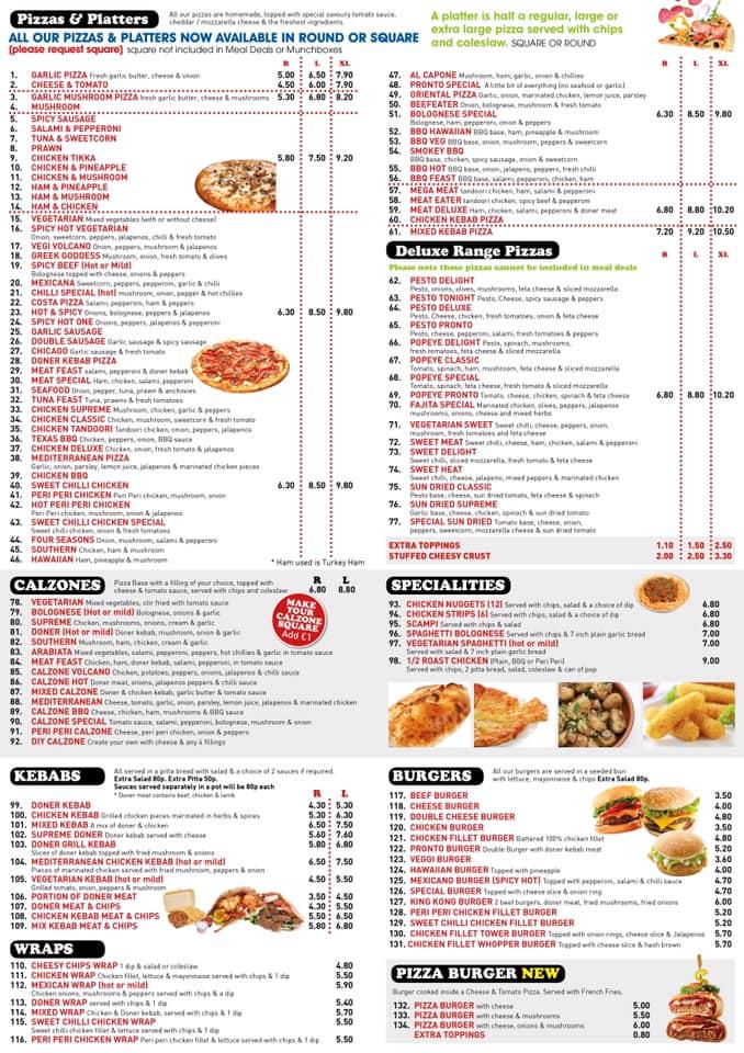 Pronto store pizza menu