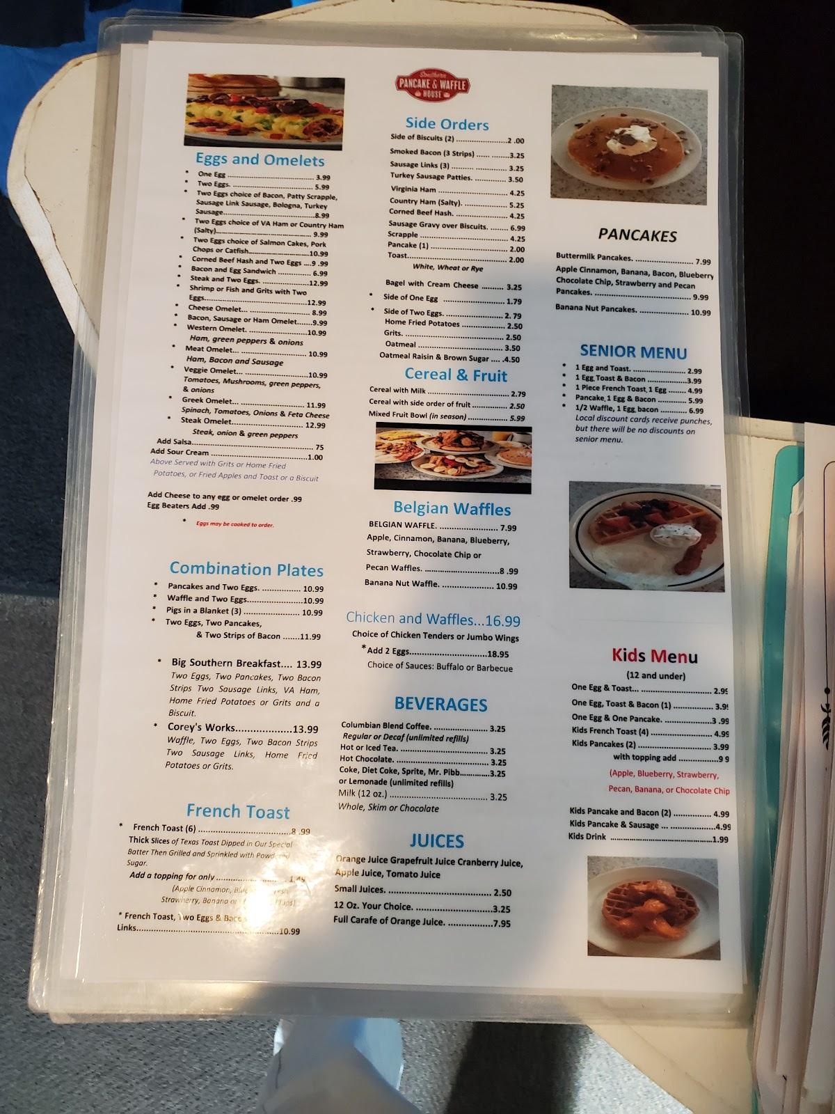 Menu at Southern Pancake & Waffle House restaurant, Williamsburg