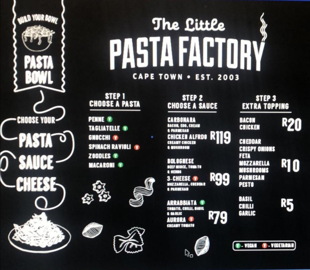 Menu at The Little Pasta Factory restaurant, Cape Town