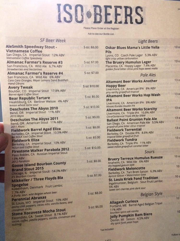 Menu at ISO Beers Beer Bar & Bottle Shop, San Jose