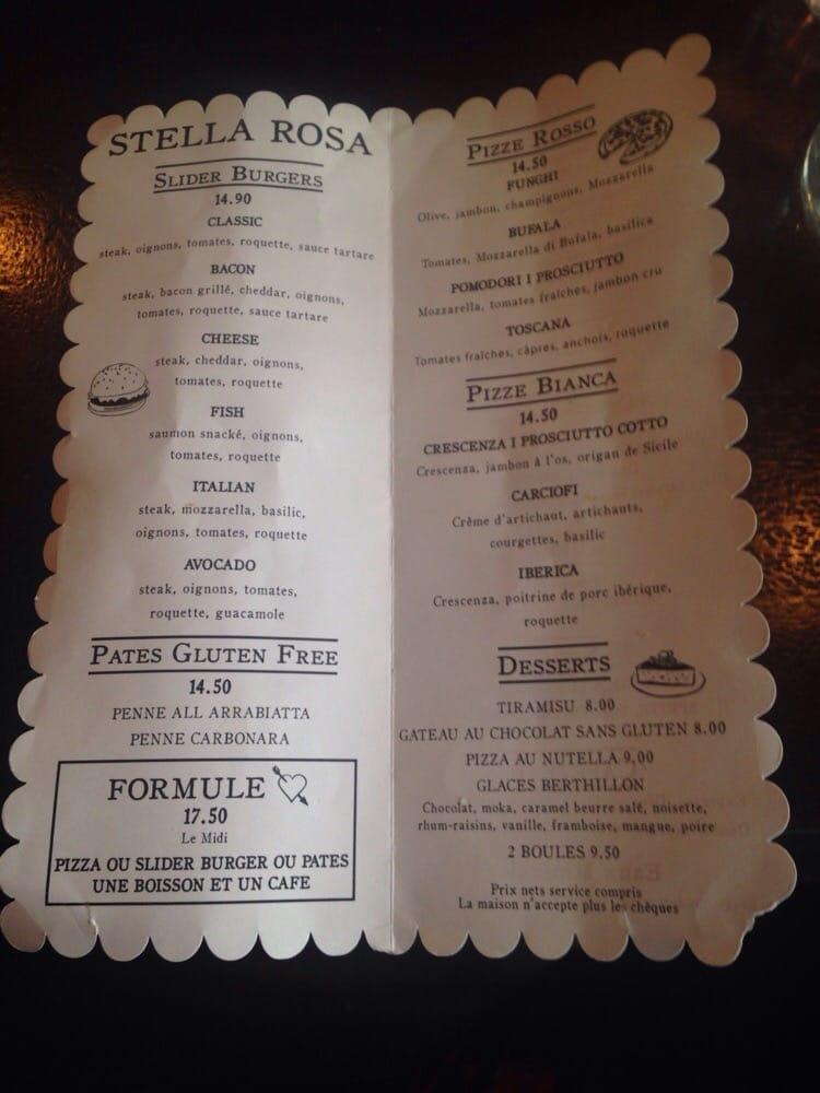 Menu at Stella Rosa pizzeria, Paris