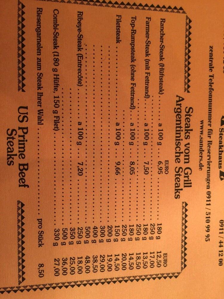 Menu at Sanders Steakhaus, Nuremberg, Haydnstraße 15