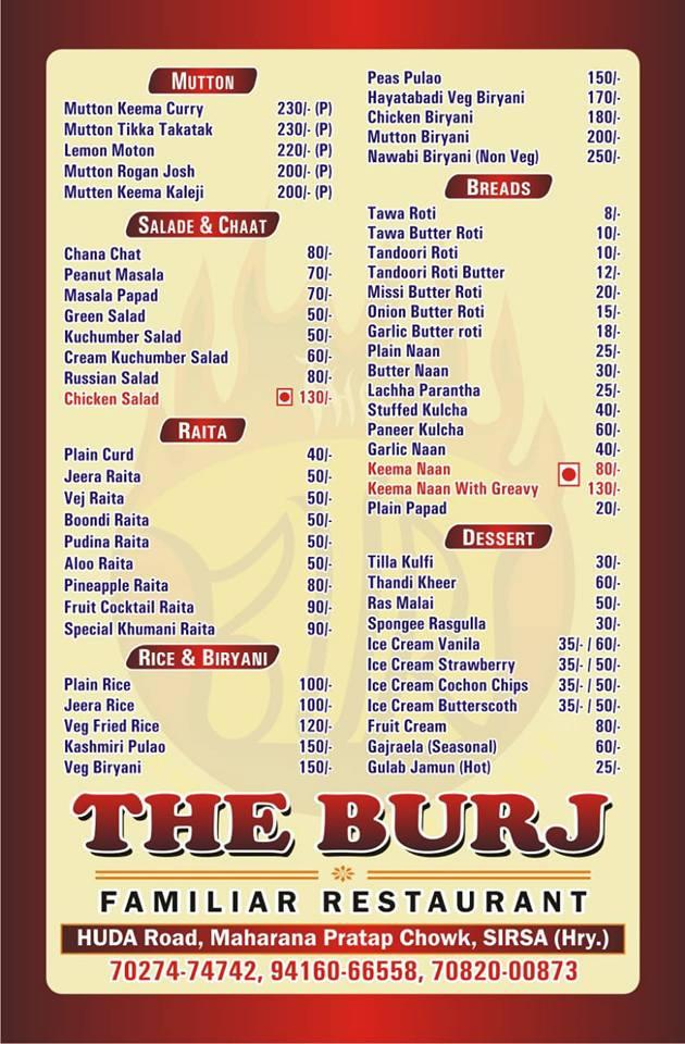 The Burj Familiar Restaurant menu