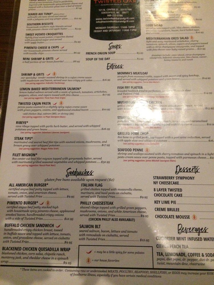Menu at Twisted Oak American Bar & Grill, Statesville
