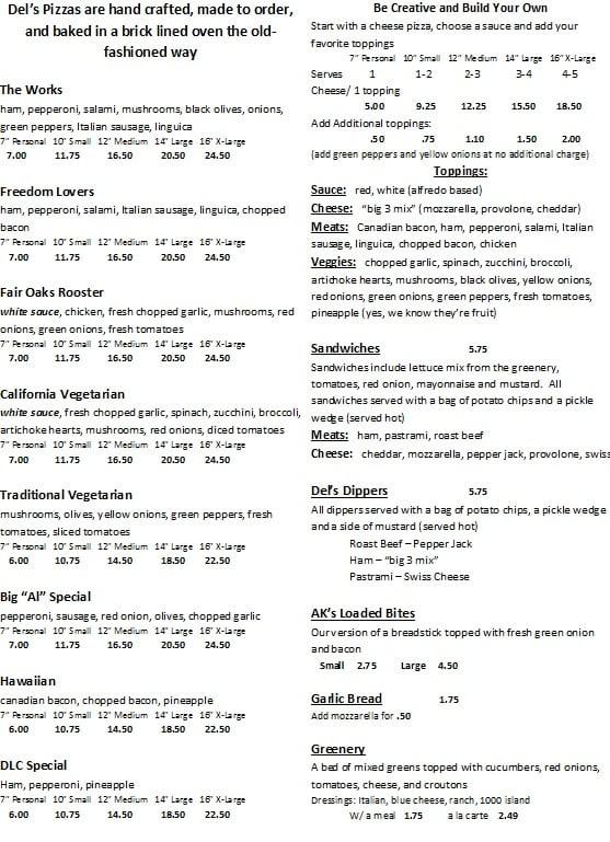 Menu at Del's Family Pizza pizzeria, Fair Oaks