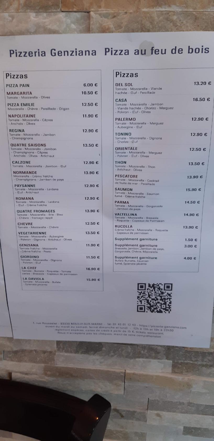 Menu au Pizzeria Genziana, NeuillysurMarne