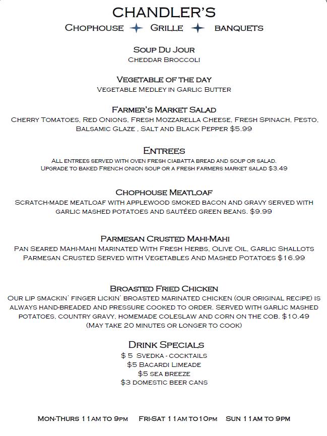 Menu at Chandler's Chophouse, Grille & Banquets steakhouse, Schaumburg