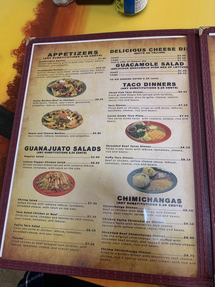Menu at Guanajuato Mexican restaurant, Spiro