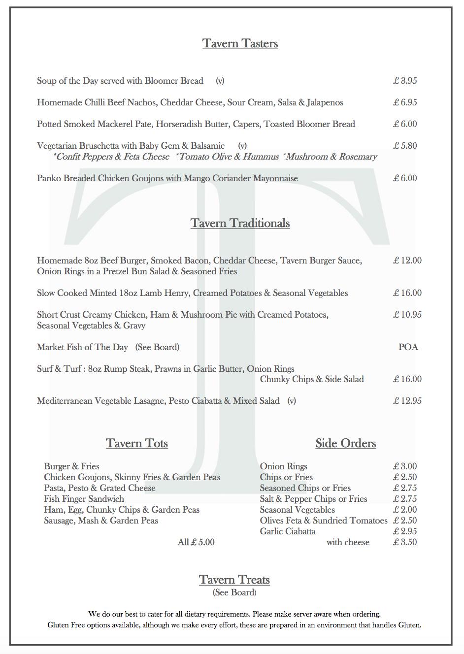 Menu at The Tavern at Hale pub & bar, Milnthorpe