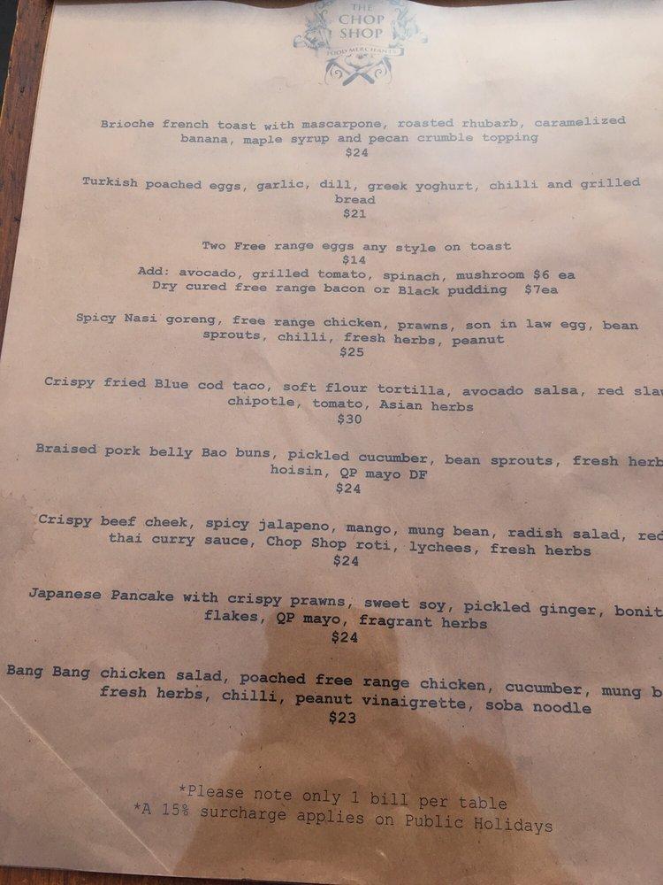 Menu at The Chop Shop Food Merchants cafe, Arrowtown