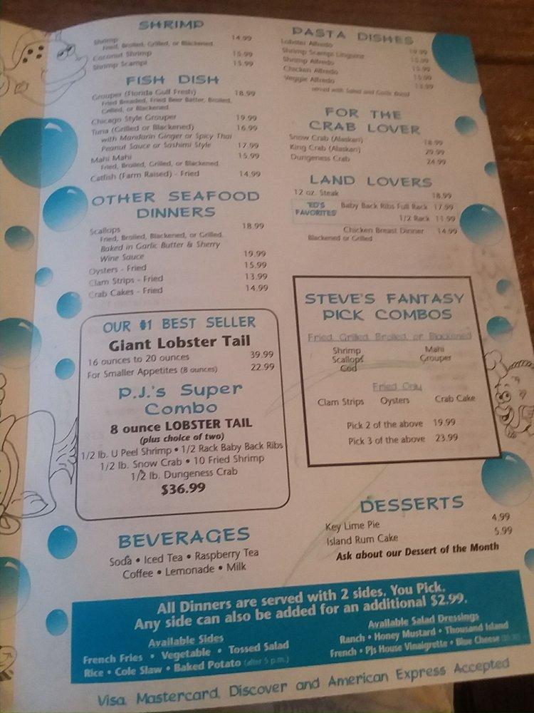 Menu at P.J.'s Oyster Bar, Indian Rocks Beach