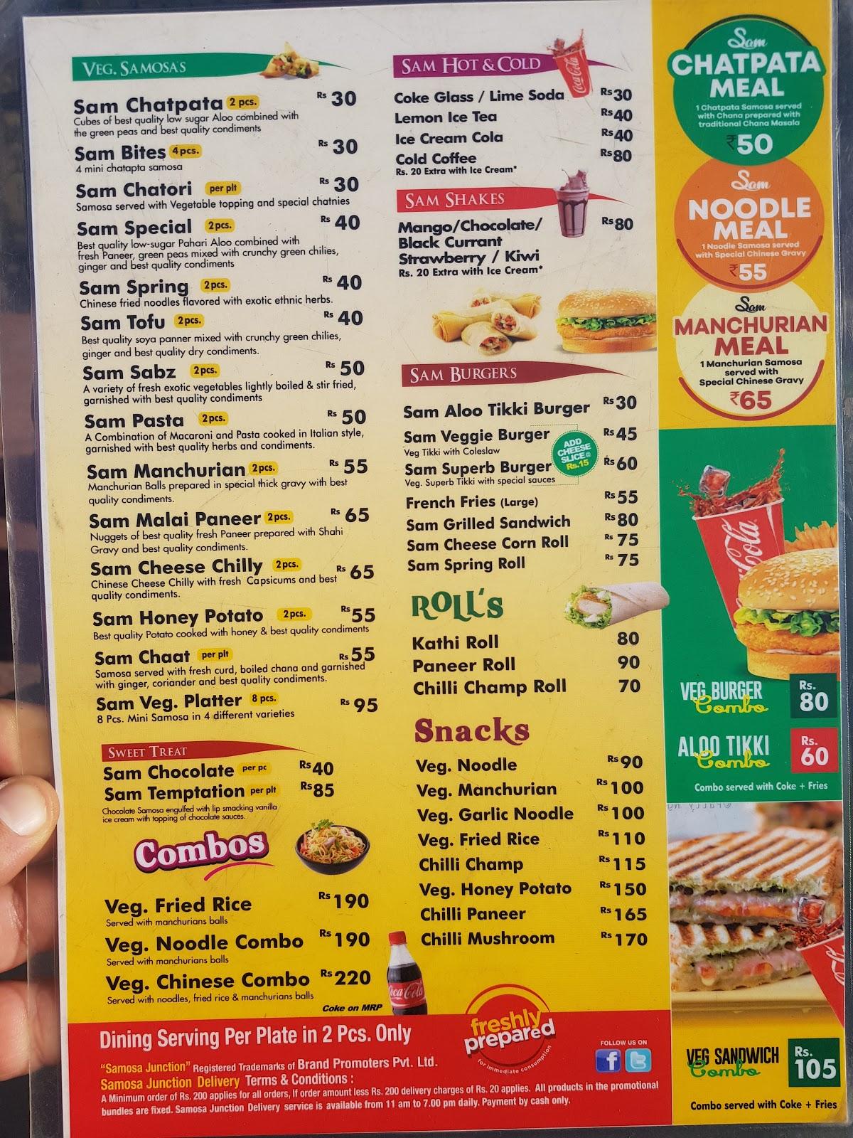 Menu at Samosa junction jammu, Jammu