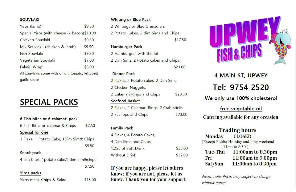 Menu at Upwey Fish & Chips fast food, Upwey