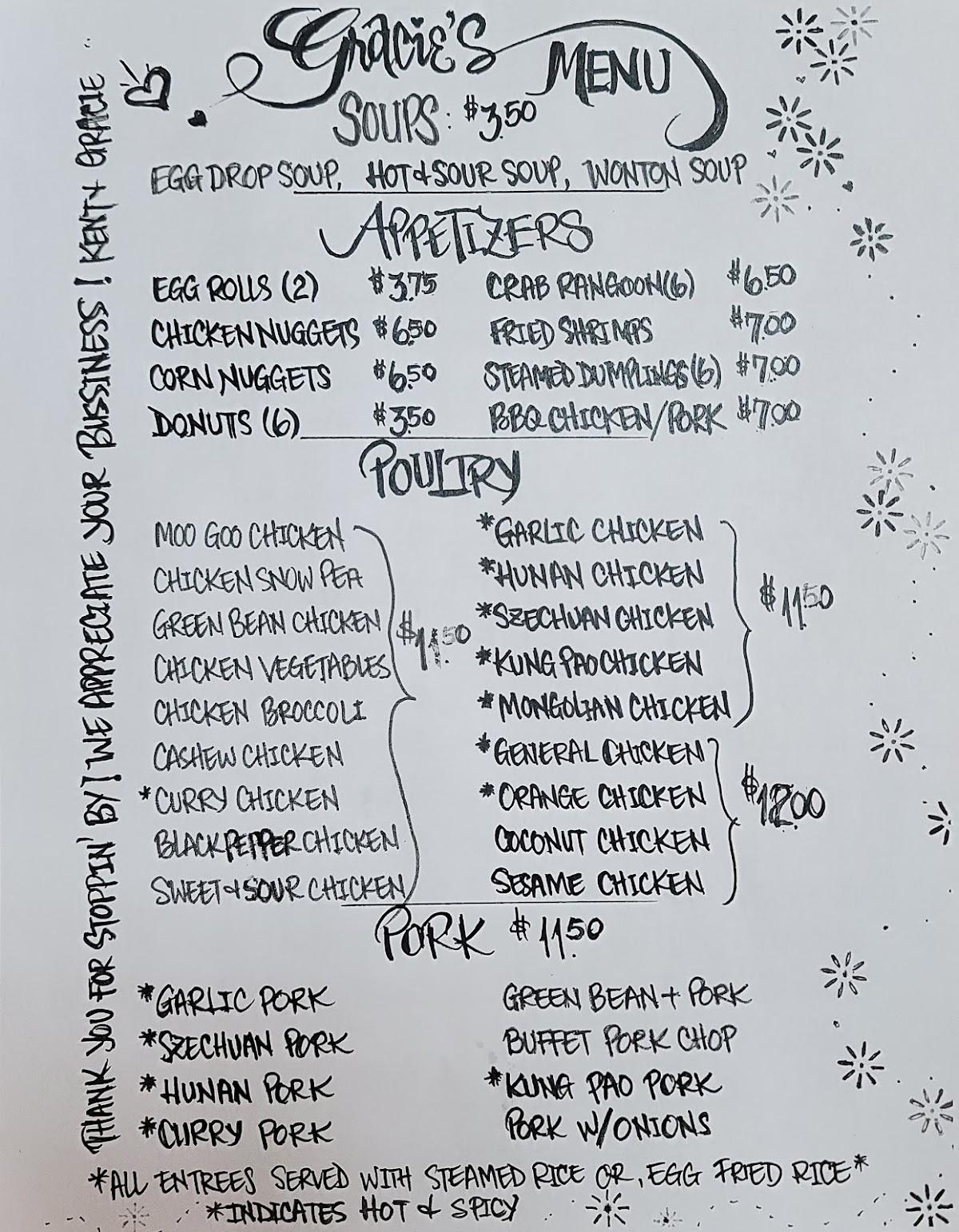 Menu at Gracie's Chinese Cuisine restaurant, Evansville