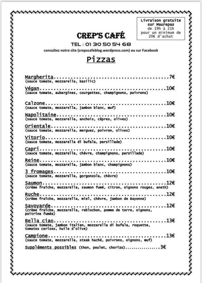 Menu at Crep's Café, Maurepas