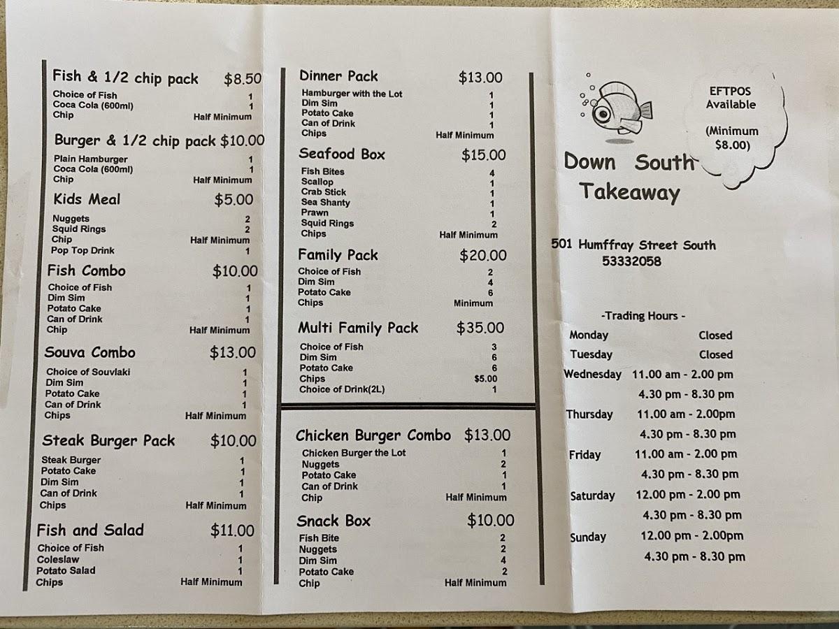 Menu at Down South Takeaway fast food, Ballarat Central