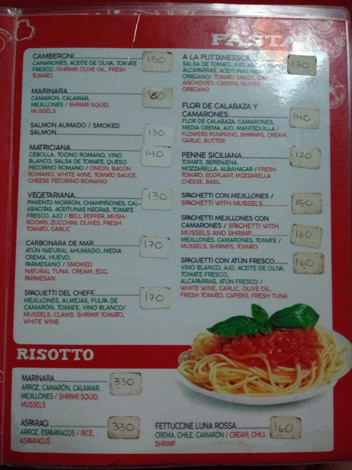 Menu at Luna Rossa restaurant, Puerto Escondido