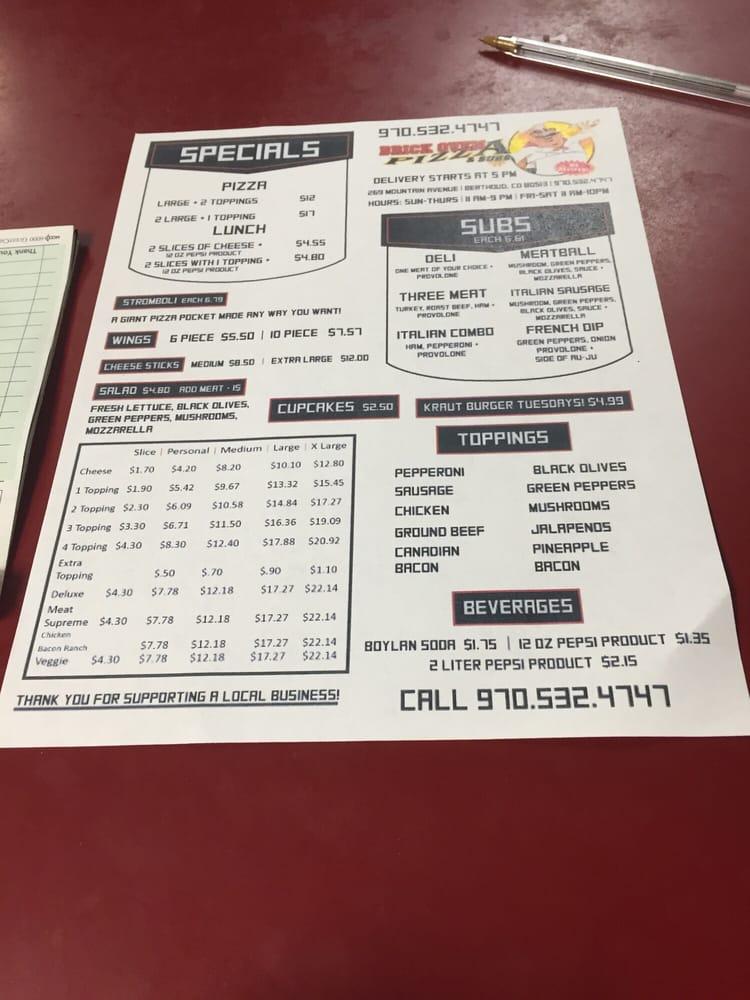 Menu at Brick Oven pizzeria, Berthoud