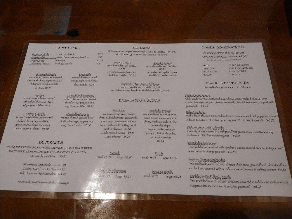 Carta del restaurante Emilios Mexican Restautant & Cantina II, Lake