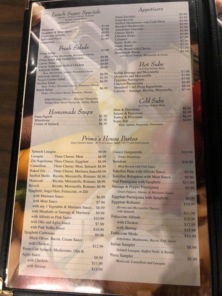 Menu at Prima's Pasta and Pizza pizzeria, Fort Worth