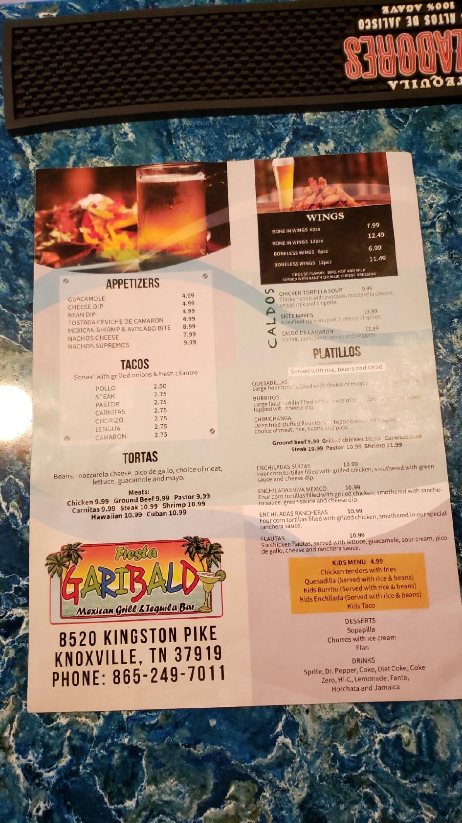 Menu at Fiesta Garibaldi Mexican Grill and Tequila Bar, Knoxville