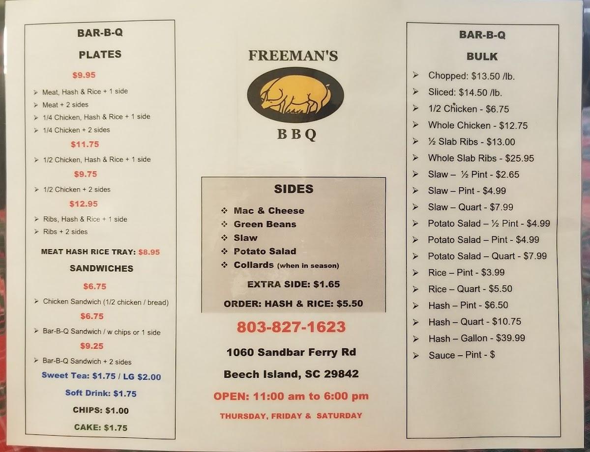 Menu at Freeman's BarBQue, USA