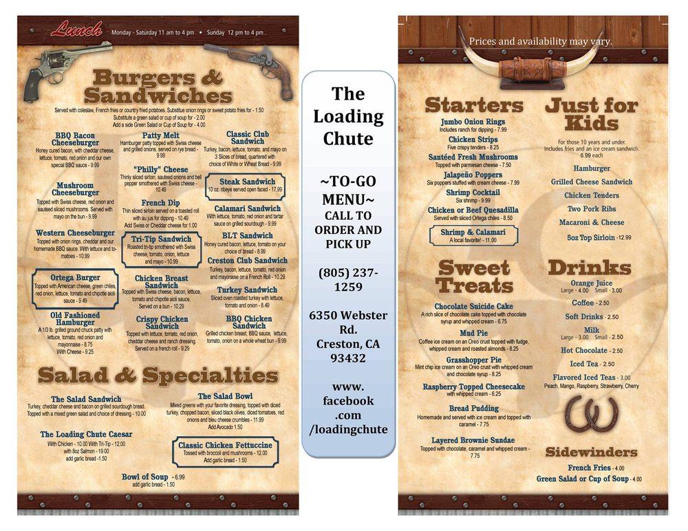 Menu at Loading Chute Restaurant and Barn, Creston