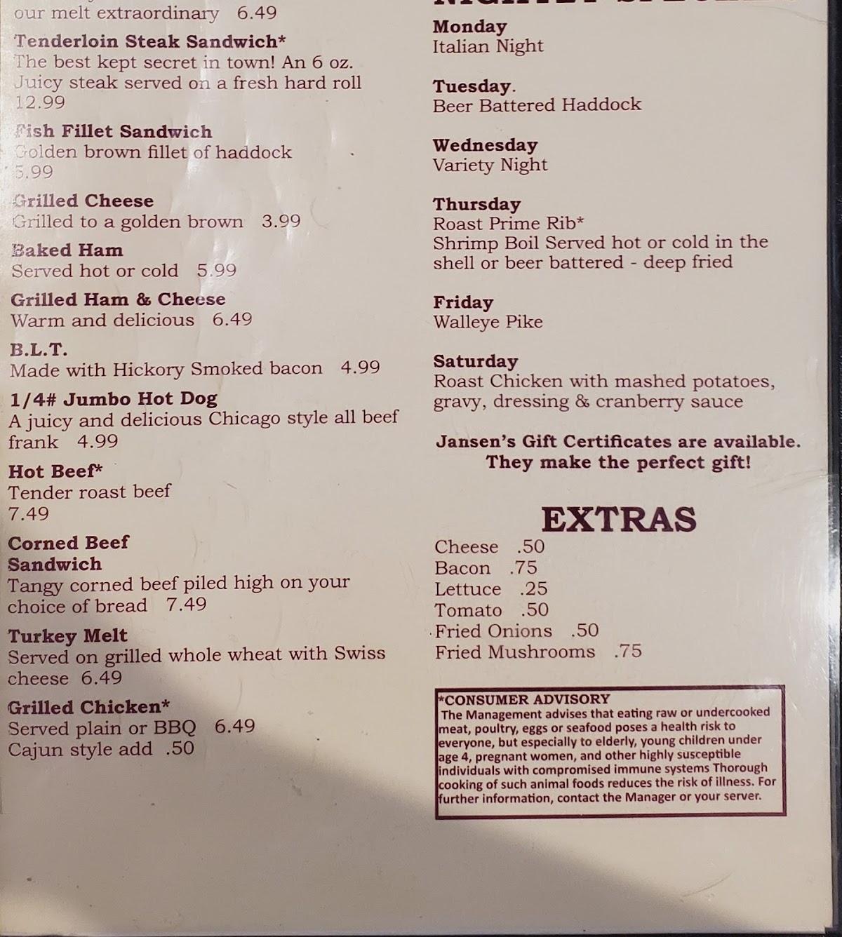 Carta de Jansen's Bar & Restaurant, Oshkosh