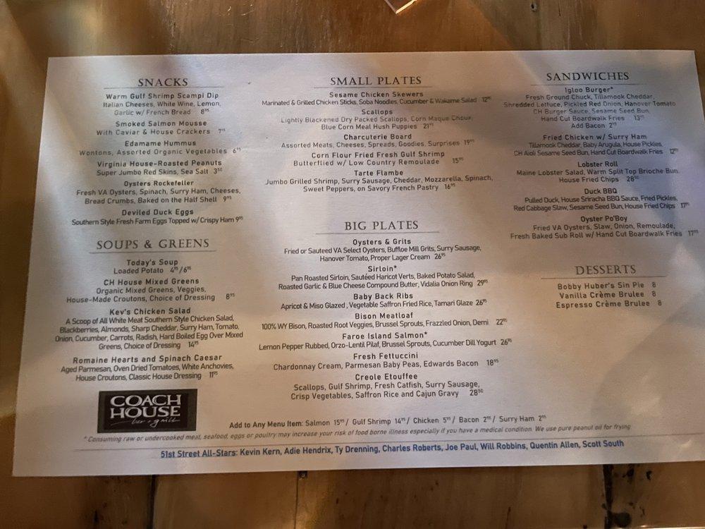 Menu at Coach House Bar & Grill, Norfolk