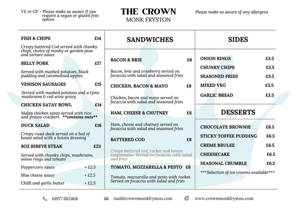 Menu at The Crown Inn, Monk Fryston pub & bar, Sherburn in Elmet