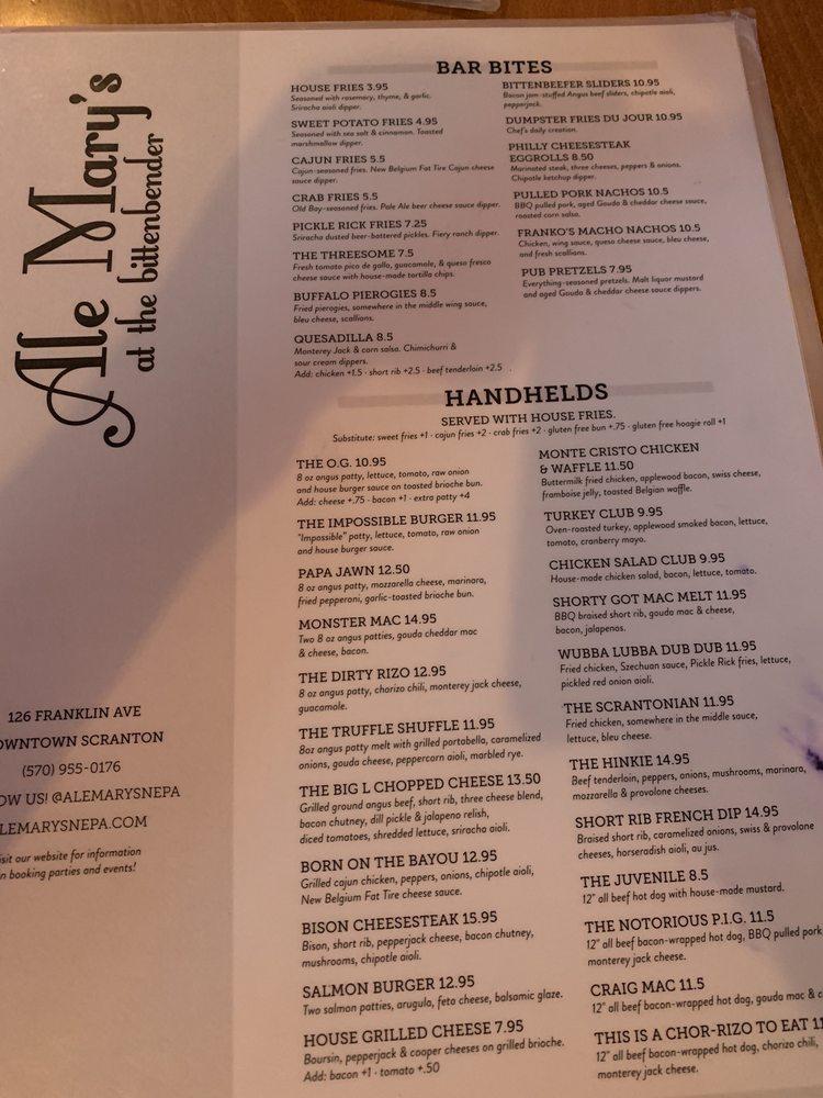 Menu at Ale Mary's at the Bittenbender pub & bar, Scranton