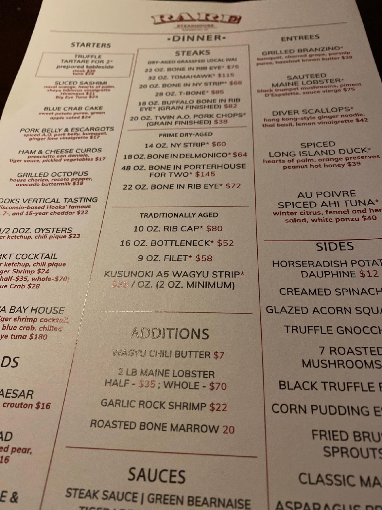 Menu at Rare Steakhouse and Tavern, Washington