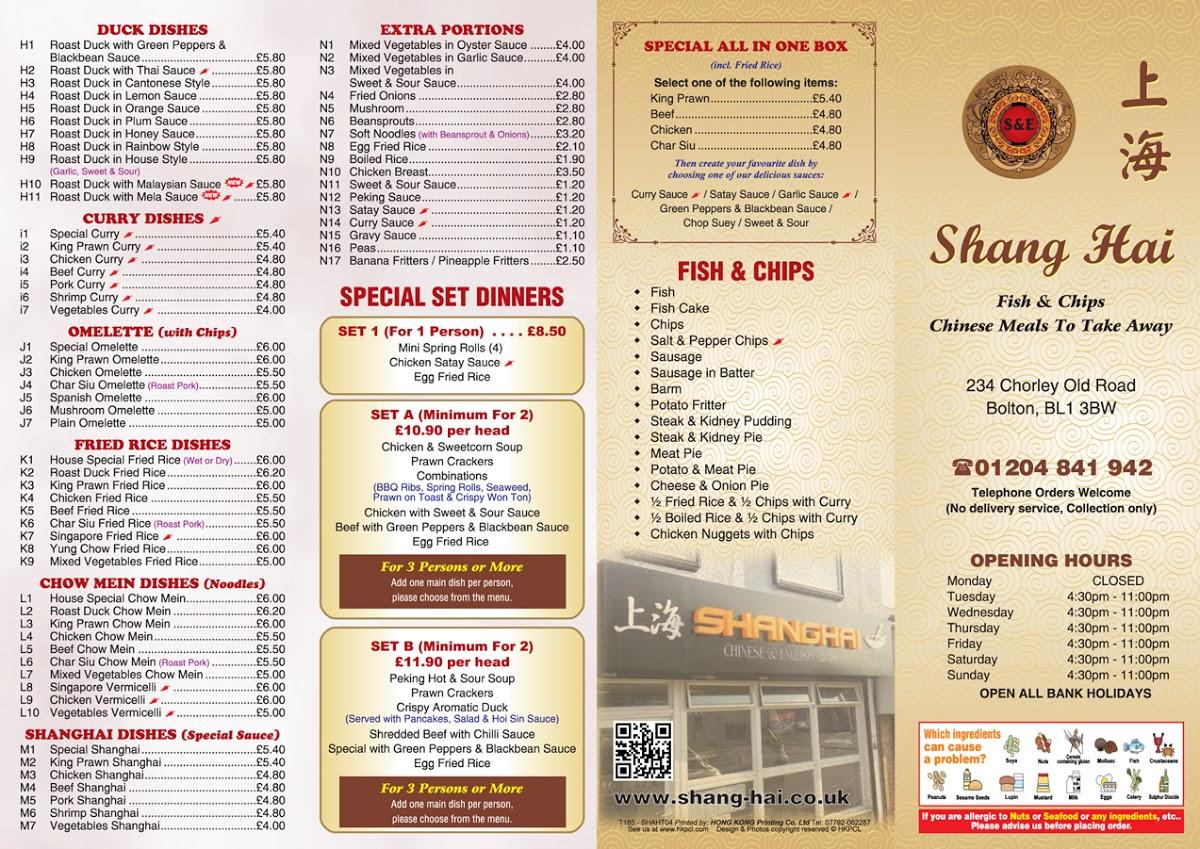 Menu at Shanghai Chinese takeaway fast food, Bolton