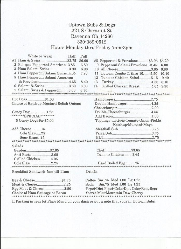 Menu at Ravenna Uptown Subs & Dogs restaurant, Ravenna