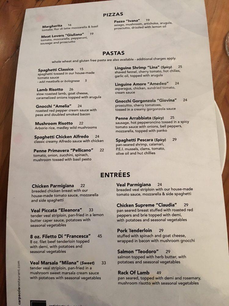 Menu at Carpaccio Restaurant & Wine Bar, Niagara Falls