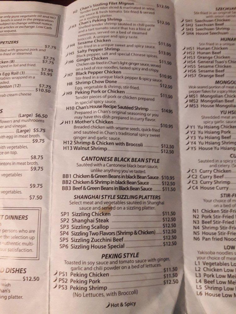 Menu at Chan's Chinese Restaurant, McMinnville
