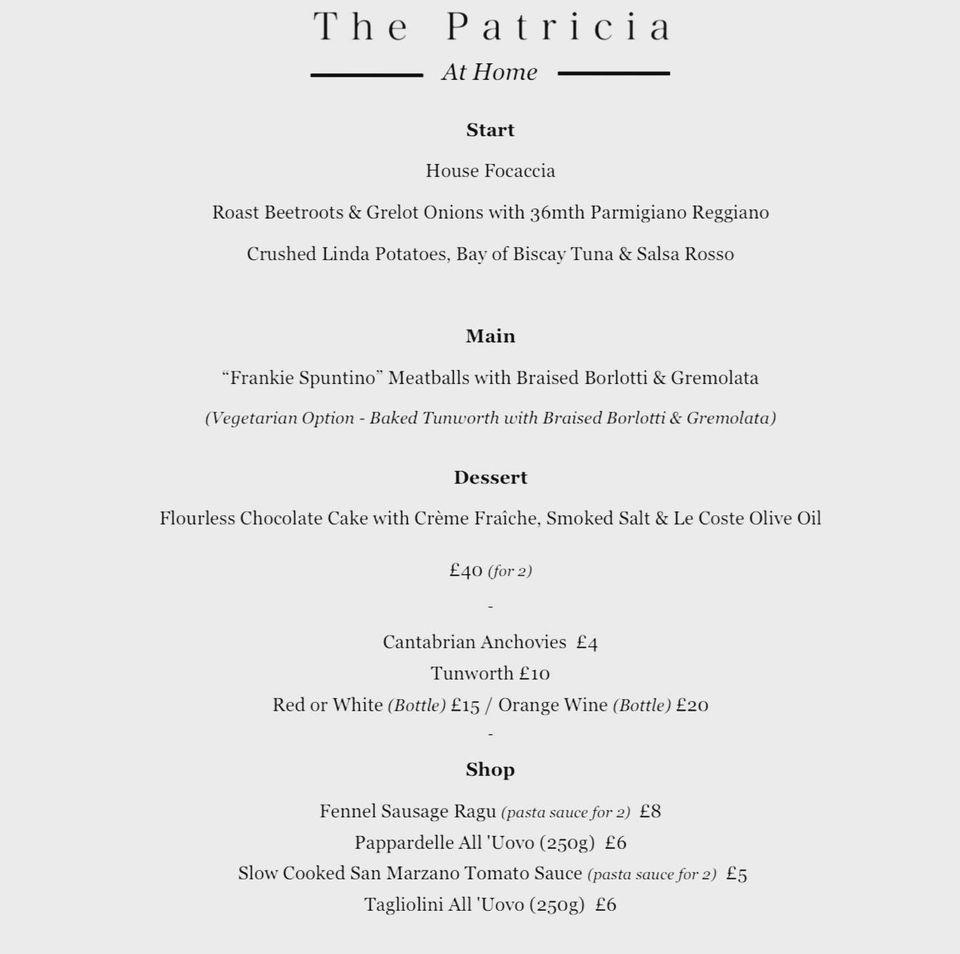 Menu at The Patricia restaurant, Newcastle upon Tyne