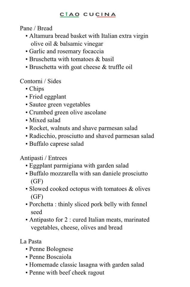 Menu at Ciao Cucina restaurant, Wollongong