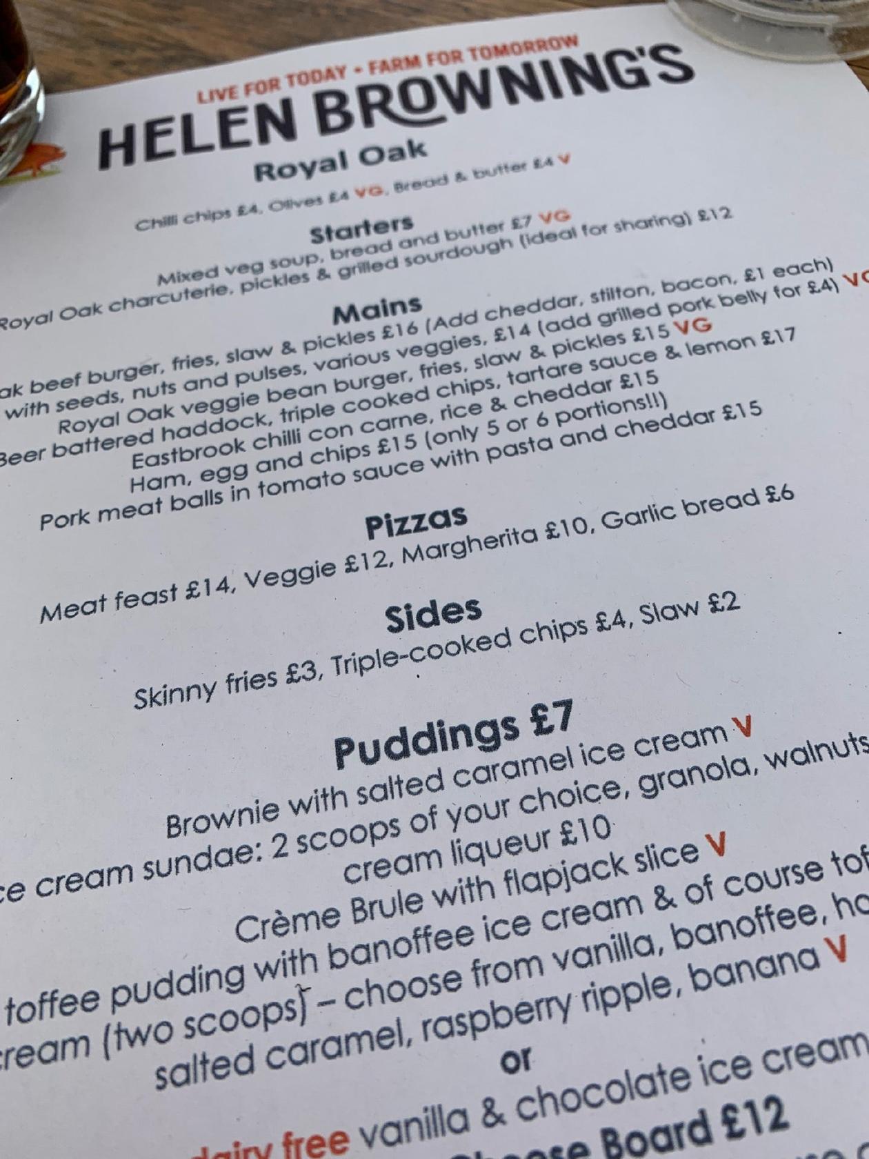 Menu at Helen Browning's Royal Oak pub & bar, Bishopstone