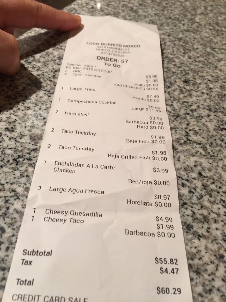 Menu at Loco Burrito restaurant, Norco