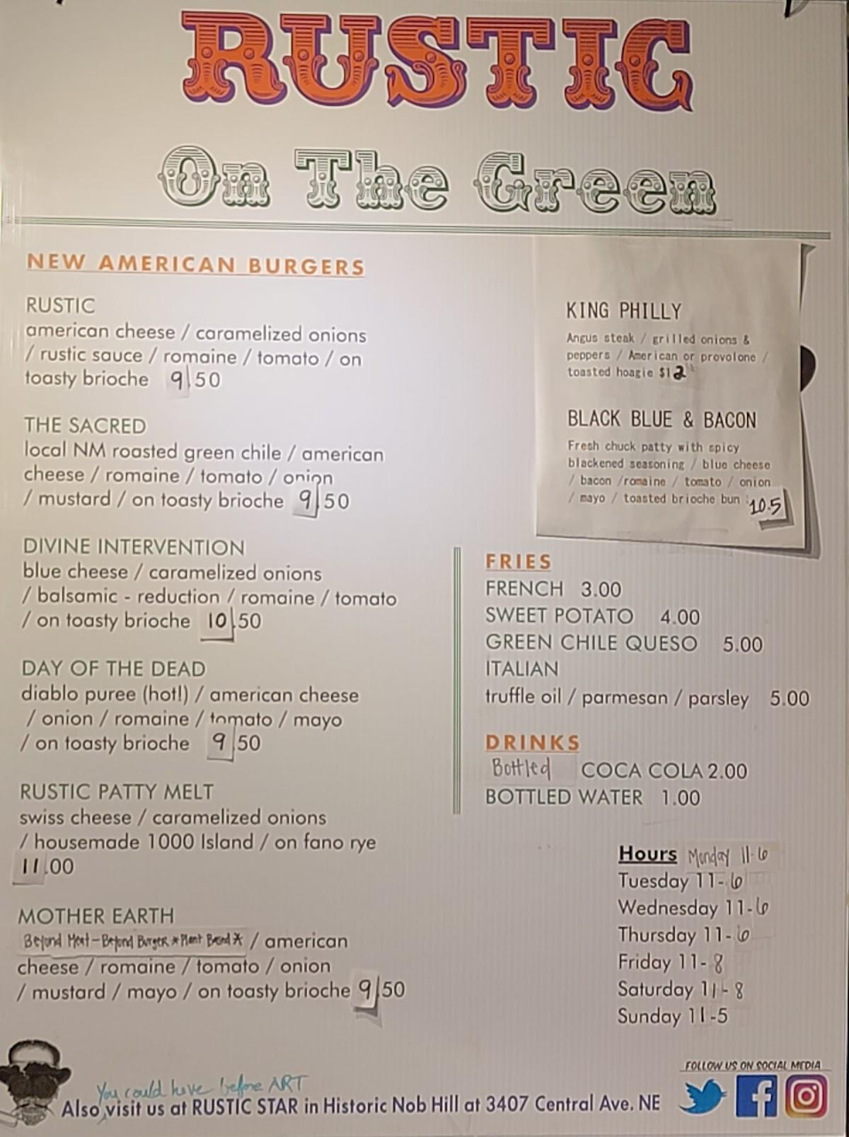 Menu at Rustic on the Green restaurant, Albuquerque