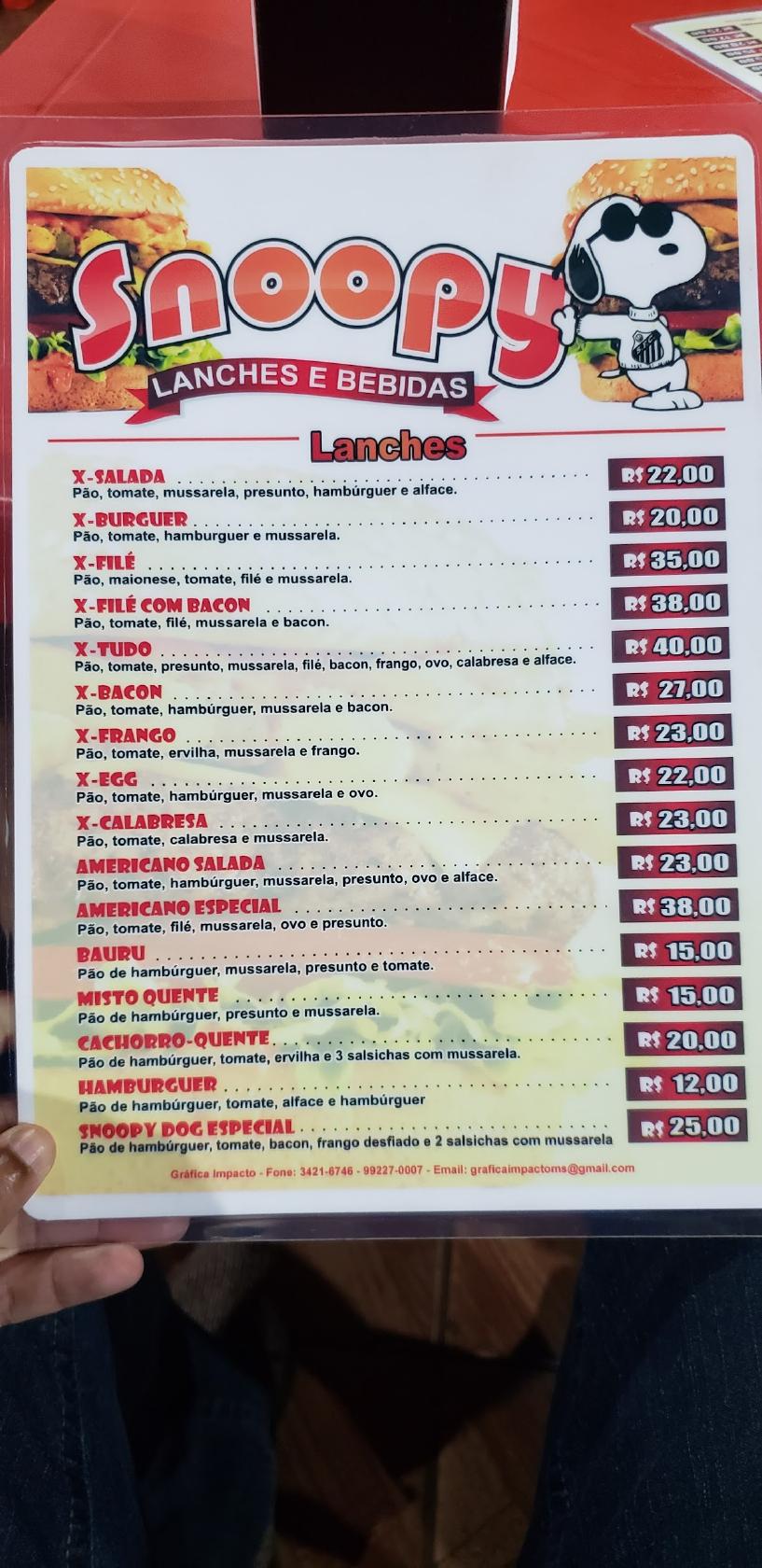 Snoopy Lanches cardápio