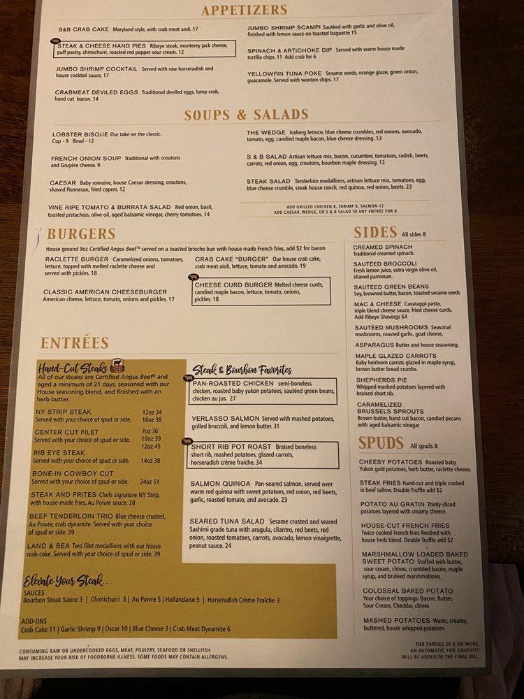 Menu at Steak & Bourbon pub & bar, Louisville