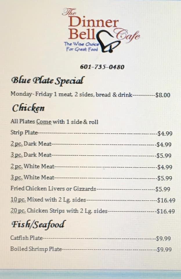 Menu at THE DINNER BELL RESTAURANT, Waynesboro, 601 Mississippi Dr