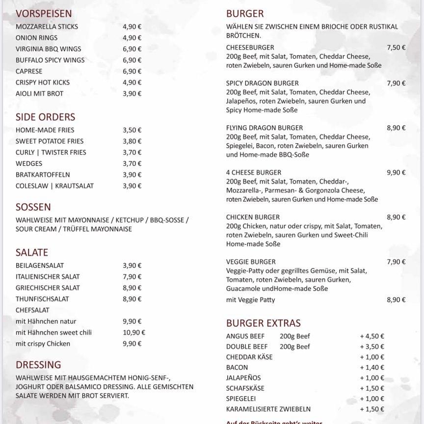 Speisekarte von Die Flying Dragon Bar, MörfeldenWalldorf